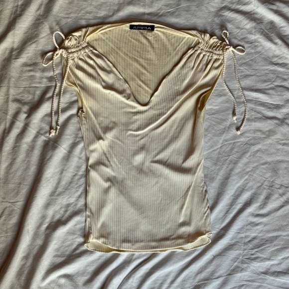 Sold! - Cream Ruched Shoulder Deep Sweetheart Neckline Top - Picture 1 of 3